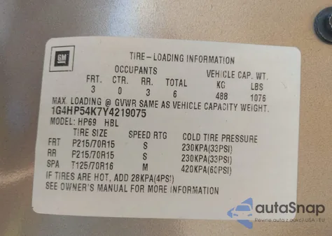 2000 Buick Lesabre Custom z USA, uszkodzony, nr VIN 1G4HP54K7Y4219075